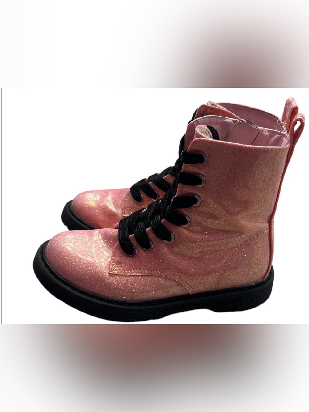 Thereabouts Girls Pink/Black Glitter Lace-Up Ankle Combat Boots Round Toe US 11M